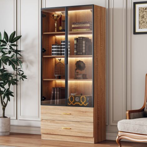 URBAN MEUBLE Vitrine haute effet bois 2 grands tiroirs et 2 portes en verre trempé, avec bande éclariage LED
