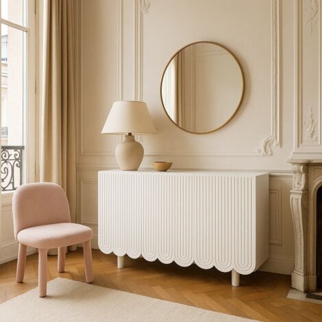 URBAN MEUBLE Commode blanche à motif sculpté avec 4 tiroirs 120×37.5×80.8 cm