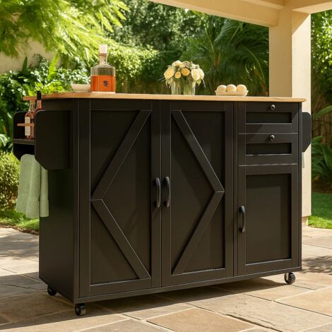 URBAN MEUBLE Tables d'extérieur îlot de cuisine roulante noir avec plateau pliable et rangement (1/5)