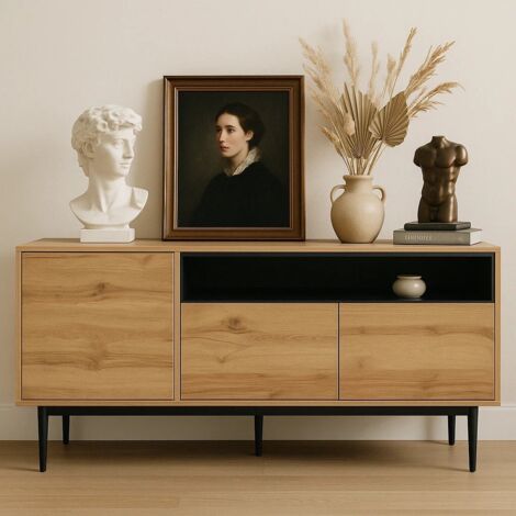 URBAN MEUBLE Vitrine moderne effet bois – 3 portes et 1 étagère ouverte, 160 x 35 x 76 cm (1/5)