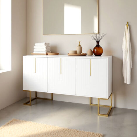 Urban Meuble – Meuble de salle de bain 3 portes blanc – Motif géométrique en U – Pieds dorés – Dimensions 138x40x80,5 cm – Résistant à l'humidité (1/5)