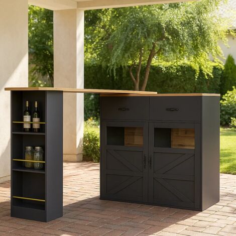 URBAN MEUBLE Table de Bar de Jardin extensible 360° noire effet bois avec portes vitrées