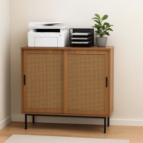 URBAN MEUBLE Armoire de rangement de bureau effet bois 2 portes coulissantes en rotin 100x90x37cm (1/5)