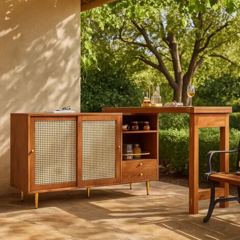 URBAN MEUBLE Table de bar de jardin extensible rotative à 360° effet bois avec portes en rotin 107x40x71.4cm (1/5)
