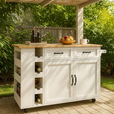 URBAN MEUBLE Tables d'extérieur îlot de cuisine mobile blanc effet bois avec casier à vin et multiprise