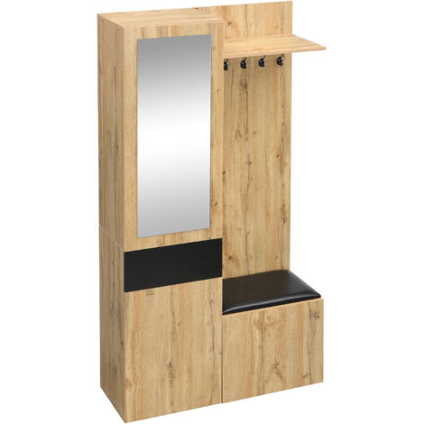 URBAN MEUBLE Vestiaire à l'entrée effet bois 3 portes 1 tiroir avec miroir, banc et meuble à chaussures, porte-manteau mural PEAKGLEN