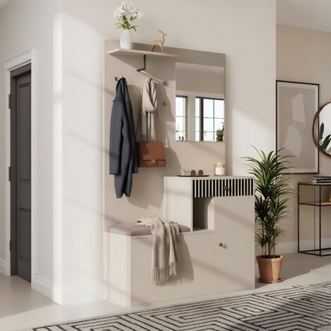 URBAN MEUBLE Vestiaire à l'entrée blanc avec miroir, banc, porte-manteau et meuble de à chaussures 2 portes 1 tiroir