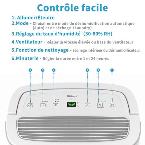 SHINCO WIFI Déshumidificateur Portable 50L/Jour avec Pompe de Relevage, Purificateur d'air, Filter à Charbon Actif, Minuterie 24h, Drainage Continu, Fonction Sèche-Linge, Blanc