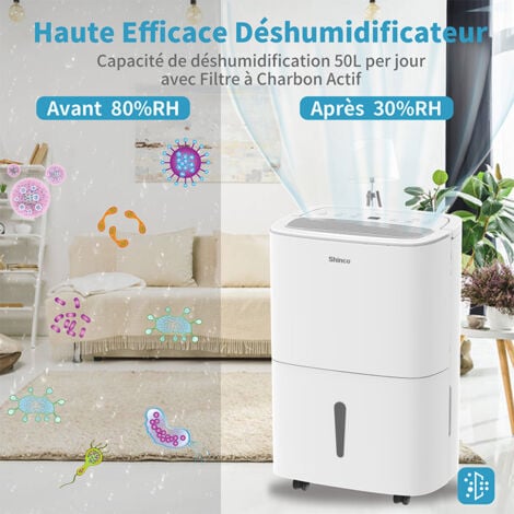 SHINCO WIFI Déshumidificateur Portable 50L/Jour avec Pompe de Relevage, Purificateur d'air, Filter à Charbon Actif, Minuterie 24h, Drainage Continu, Fonction Sèche-Linge, Blanc
