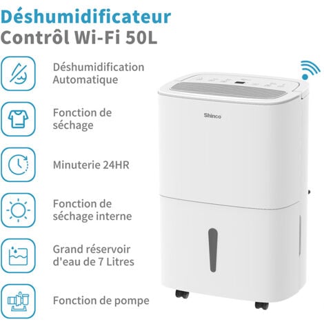 SHINCO WIFI Déshumidificateur Portable 50L/Jour avec Pompe de Relevage, Purificateur d'air, Filter à Charbon Actif, Minuterie 24h, Drainage Continu, Fonction Sèche-Linge, Blanc