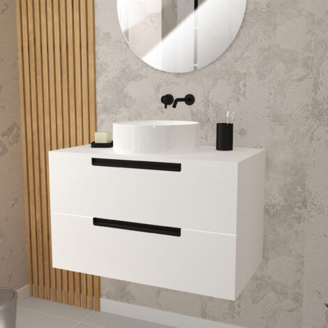 meuble salle de bains 80 cm blanc laque a suspendre - 2 tiroirs - vasque blanche 36 cm