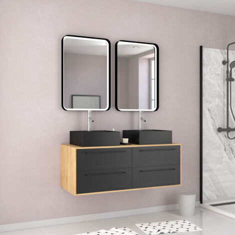 meuble de salle de bains 120 cm - 2 vasques carrees - 2 miroirs led - chene naturel et noir mat