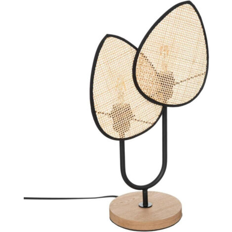Atmosphera – Lampe à poser en cannage de rotin et métal noir H 44 cm – Abat-jour en forme de feuille – Douille E27 – Longueur câble 150 cm