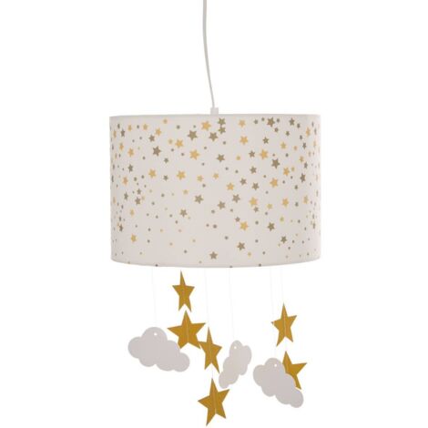 Atmosphera – Suspension luminaire blanche 30 cm avec étoiles dorées – Fer, polyester, papier, cuivre – Douille E27, puissance max 40W – Pour chambre d'enfant