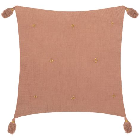 Coussin en gaze de coton brodé Vieux rose 40x40 cm (1/2)
