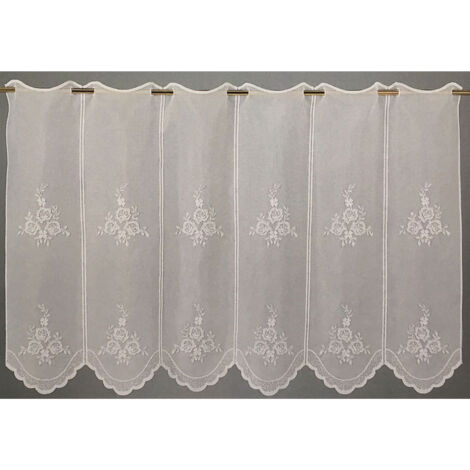Homemaison – Brise bise en étamine brodée blanc 90x45 cm – Composition 100% polyester – Bas arrondi avec boutonnières – Prêt à poser