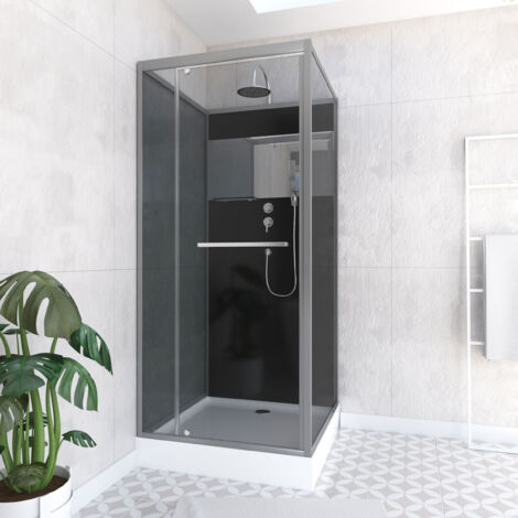 cabine de douche carrée 90x90cm porte pivotante - fond noir avec bande effet miroir - square stripe