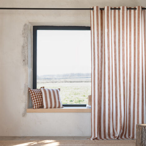 Rideau en coton flammé à rayures tissées – Dimensions 140x260 cm – Finition lavée – Œillets ronds en métal pour installation rapide