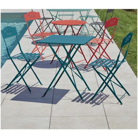 Table de jardin carrée pliante en acier traité époxy – 60x60 cm – Capacité 2 personnes – Résistante aux intempéries – Coloris bleu canard – Ozalide (1/3)