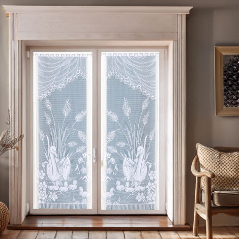 Paire de vitrages frangés en dentelle avec cygnes Blanc 60x120 cm