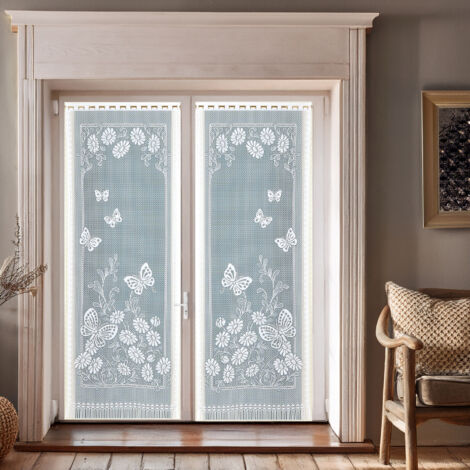 Paire de vitrages frangés et dentellés papillons Blanc 60x120 cm