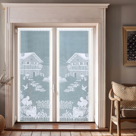 Paire de vitrages frangés en dentelle chalet et animaux Blanc 60x120 cm (1/2)