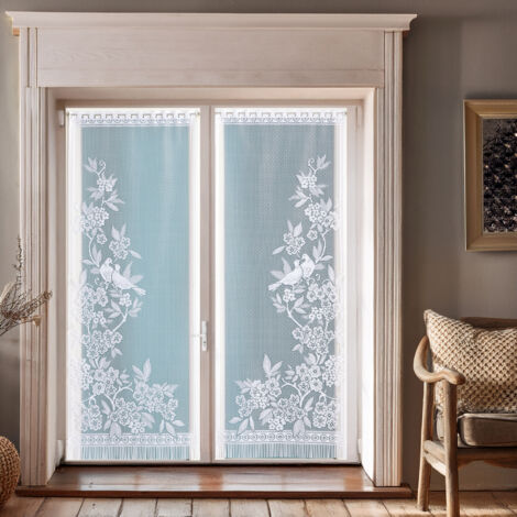 Paire de vitrages frangés en dentelle oiseaux et fleurs Blanc 60x120 cm