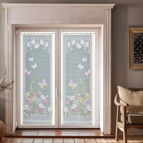 Paire de vitrages frangés et dentellés papillons Vert 60x120 cm