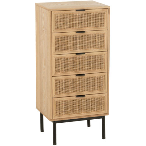 Chiffonnier en bois naturel 5 tiroirs – Dimensions 35x46x100 cm – Pieds en métal noir – Façade effet cannage