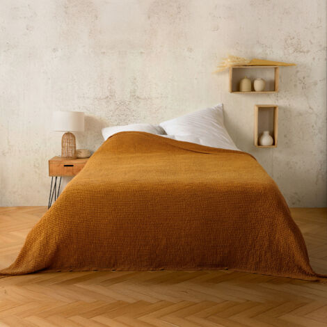 Plaid ou couvre lit 100%  coton nid d’abeille Jaune Ocre 240x260 cm