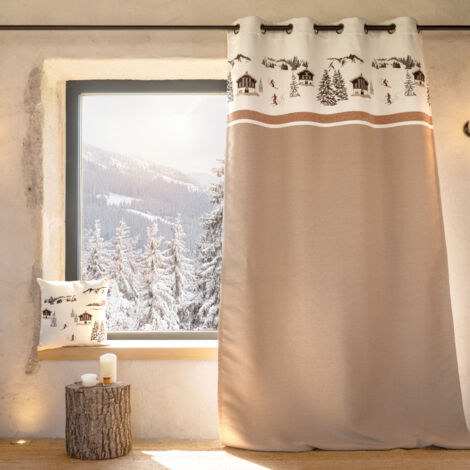 Rideau jacquard à œillets 140x260 cm – Motif chalets et sapins – Tissu épais 360 g/m² – Finition 8 œillets pour installation rapide (1/3)