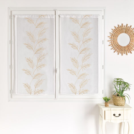 Paire voilages avec motif feuilles brodées Sable 45x120 cm