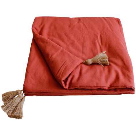 Edredon 90x190 cm en coton half panama – Coloris terre cuite – 4 pompons en jute – Tissu certifié OEKO-TEX – Enjoy Home