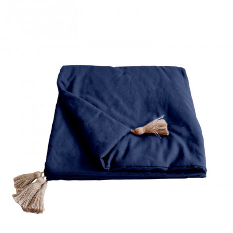 Edredon 100% coton bleu marine 90x190 cm – 4 pompons en jute – Parfait pour lit ou canapé – Utilisation intérieure et extérieure – Enjoy Home
