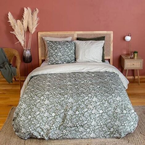 Parure de lit 220x240 cm - COTE DECO - Housse de Couette Réversible - Motif Floral Kaki - Microfibre Douce (1/5)