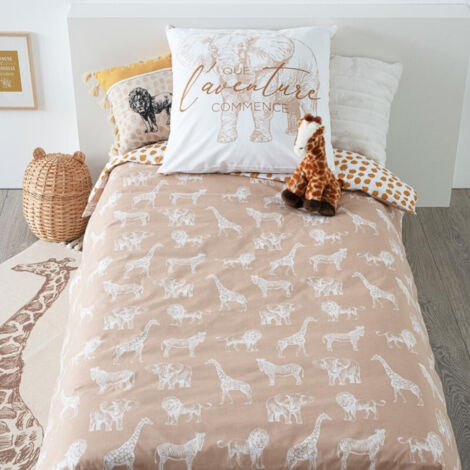 Atmosphera – Parure de lit enfant savane 140x200 cm en coton – Motifs animaux – Lavable en machine – Taie d'oreiller 63x63 cm