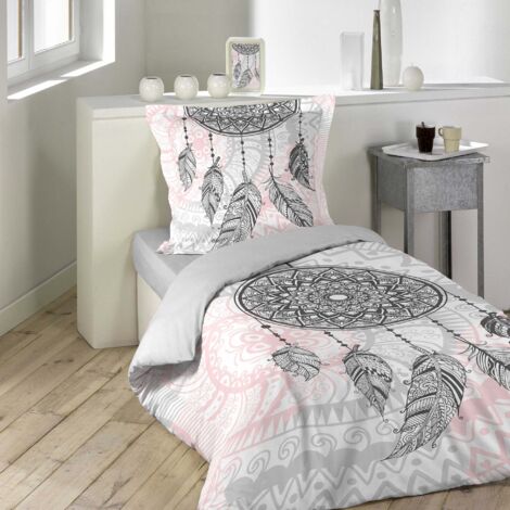 Douceur D'Intérieur – Parure de lit mandala rose clair 140x200 cm – Housse en coton 42 fils/cm² – Taie d'oreiller 63x63 cm – Lavable en machine à 40°C