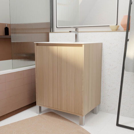 pack meuble salle de bains 60 cm chêne clair, 2 portes avec vasque céramique - xenos