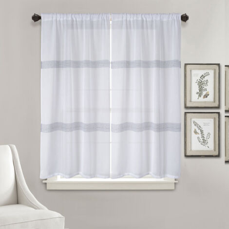 Homemaison – Paire de petits voilages droits 90x160 cm – Rayures horizontales en macramé ajouré – 100% polyester – Prêts à poser