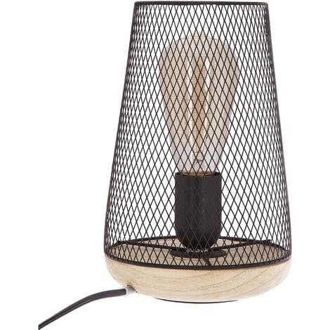 Lampe à poser grille et bois Noir hauteur 23 cm