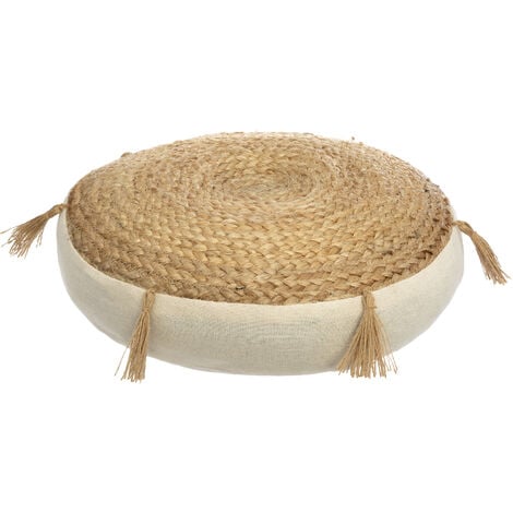 Coussin de sol en jute et pompons Beige Ø 38x38 cm