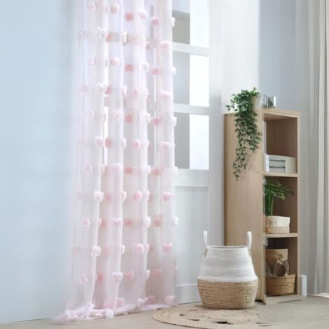Homemaison – Voilage pompons brodés rose clair 140x260 cm – 100% polyester – Finition œillets argent – Design filtrant la lumière
