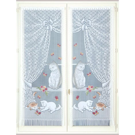Paire de petits voilages dentelle chatons et franges Bleu 60x160 cm