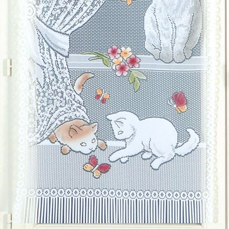 Paire de petits voilages dentelle chatons et franges Bleu 60x160 cm
