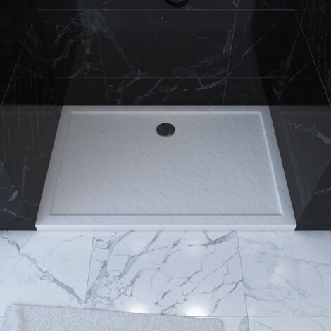 Receveur de douche a poser 120x90 cm extra plat en acrylique blanc effet pierre - moon