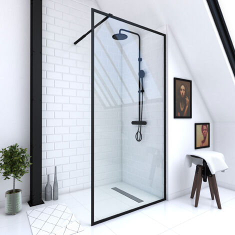 paroi de douche 100x200 cm - cadre et bras aluminium noir mat - dark contouring