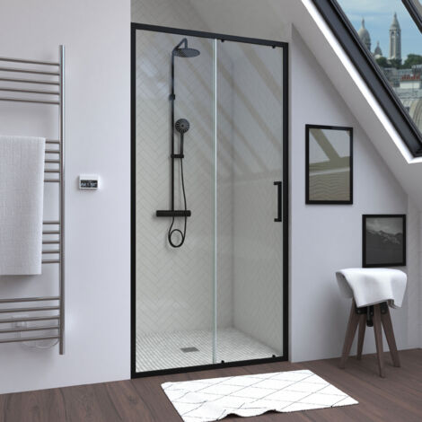 porte de douche coulissante 100x200 cm - verre transparent - profilé noir - crush