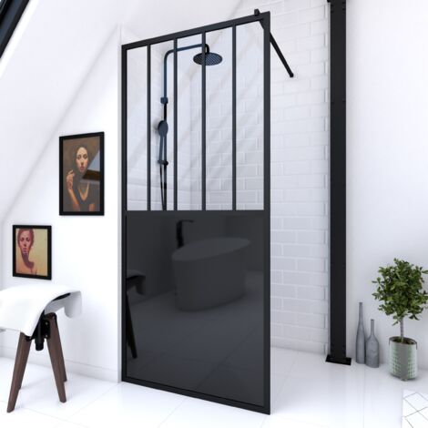 paroi de douche a l'italienne - 100x200 cm verre transparent 5mm + barre de maintien noir