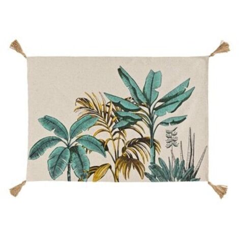 Tapis imprimé feuillages exotiques à pompons Vert 60x90 cm (1/3)