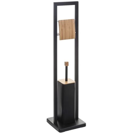 5Five Simply Smart – Brosse WC et dérouleur 2 en 1 – Métal noir et bambou – Dimensions 20x20x80 cm – Installation facile sans outil